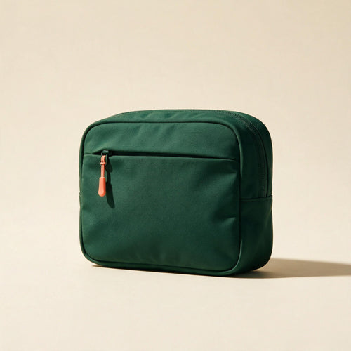 Deep pine Routine Carry Pouch with coral zipper pull